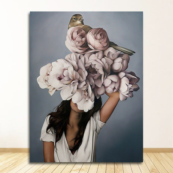 Decorative Painting Living Room Home Decoration Flowers Feathers Woman Abstract Canvas Painting Wall Art Print Poster Picture
