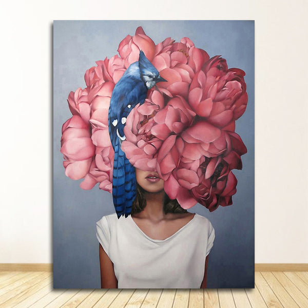 Decorative Painting Living Room Home Decoration Flowers Feathers Woman Abstract Canvas Painting Wall Art Print Poster Picture