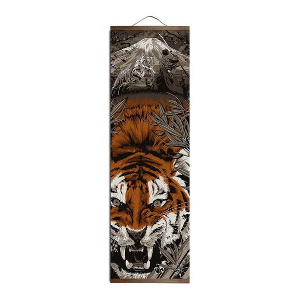 Japanese Samurai Ukiyoe Tiger Canvas Poster Pictures for Living Room Home Decor Painting Wall Art with Solid Wood Hanging Scroll